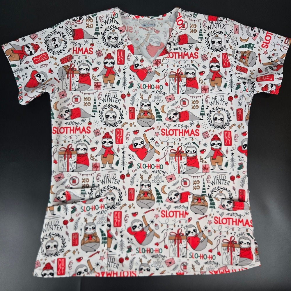Scrubaid Slothmas Christmas V-Neck Scrub Top Tapered Fit Stretch White L 14-16